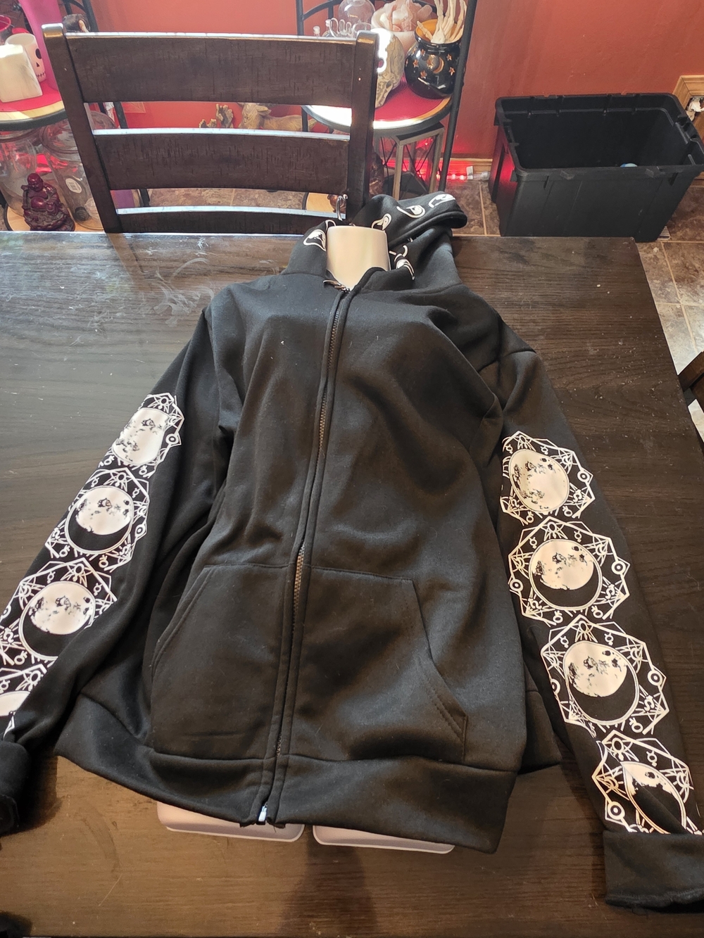 SHEIN Black Zip-Up Hoodie with White Moon Sleeve Prints